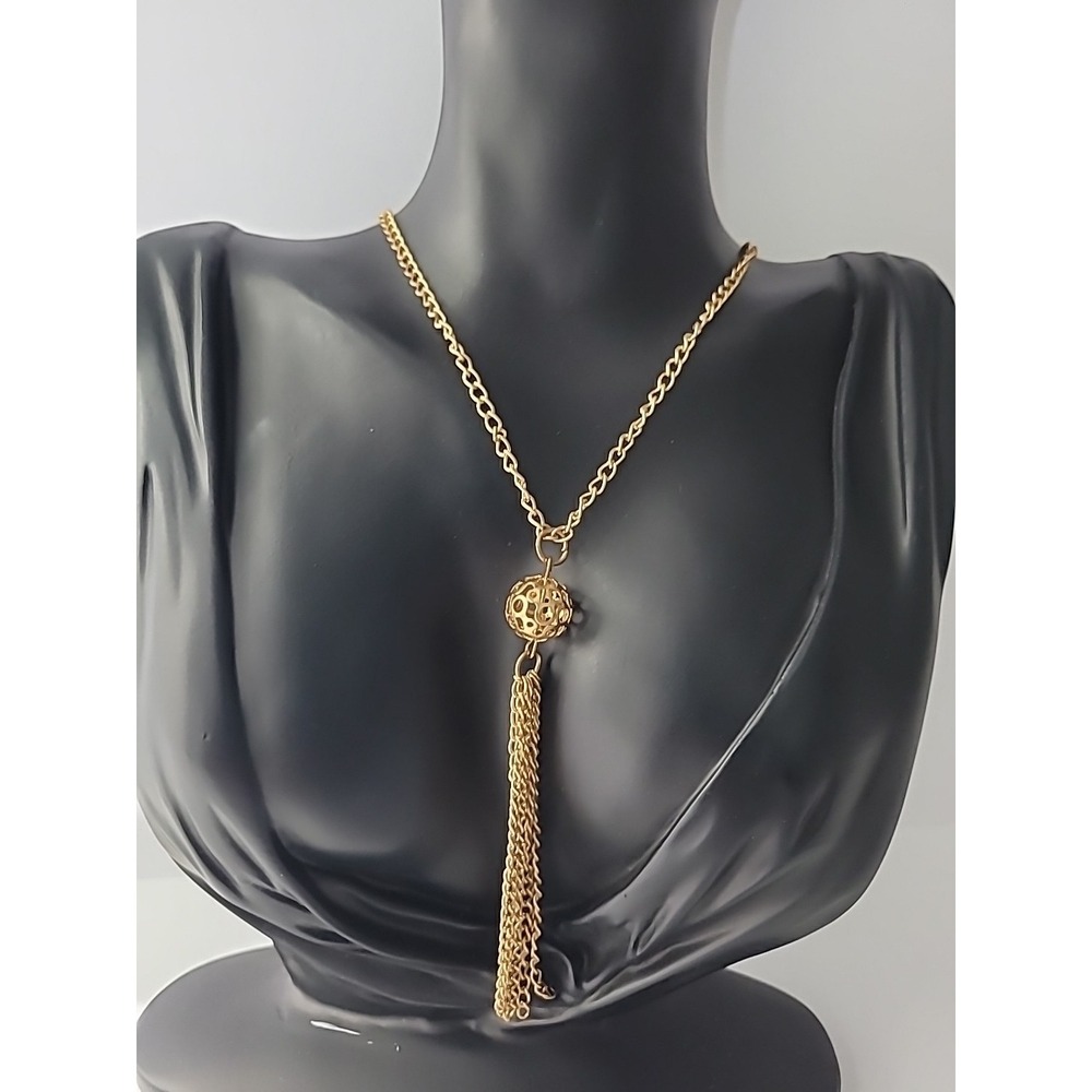Vintage Gold Tone Filligree Ball Tassel Necklace Statement Boho Retro Chain